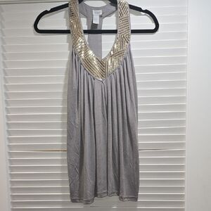 Charming Charlie Gray Blouse with Gold Accents